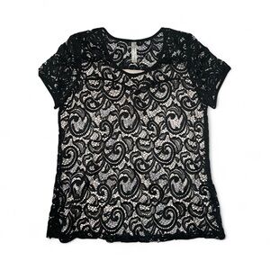PerSeption Concept Black Lace Blouse Embroidered Lined Short Sleeve NWT